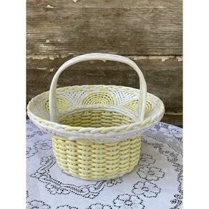 Vintage 1950s Porcelain Openwork Wicker Style Basket Yellow White